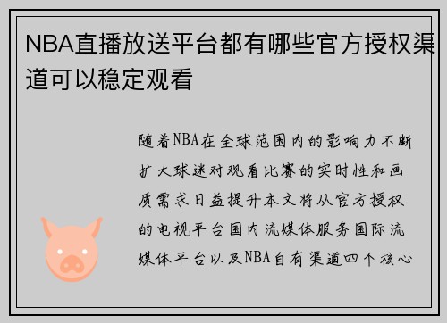 NBA直播放送平台都有哪些官方授权渠道可以稳定观看